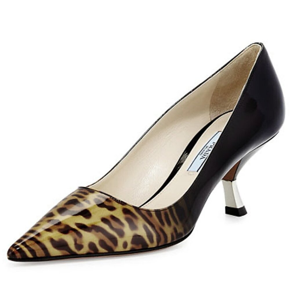 PRADA Leopard Print Ombre Black Patent Leather Kitten Pumps 38.5